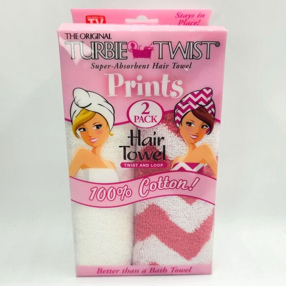 Other - Turbie Twist Hair Towel 2 Pack 100% Cotton Pink Chevron White Quick Dry NWT
